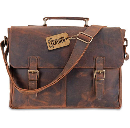 Picture of moonster Leather Messenger Bag for Men, Rustic Messenger Bag for Women - Handmade Full Grain Leather Bag for Men - Distressed Buffalo Leather - 16 Inch Laptop Bag with Padded Compartment Pockets