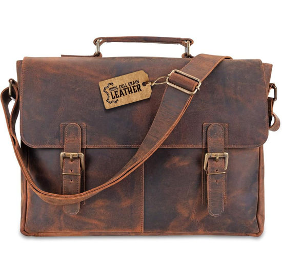 Picture of moonster Leather Messenger Bag for Men, Rustic Messenger Bag for Women - Handmade Full Grain Leather Bag for Men - Distressed Buffalo Leather - 16 Inch Laptop Bag with Padded Compartment Pockets