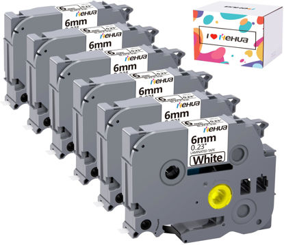 Picture of Hehua Compatible 1/4" (0.23") Laminated Tape Replacement for Brother P-Touch TZe-211 TZe211 TZ211 TZ-211 Label Tape, 6mm x 8m Black on White TZ Tape, Water Resistant, 6-Pack