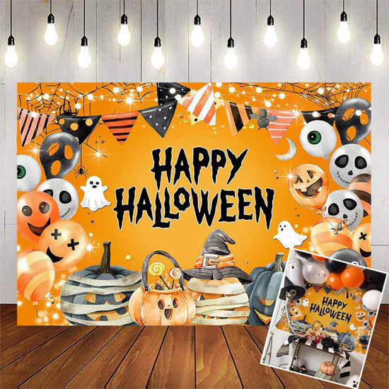 Picture of Avezano Happy Halloween Backdrop for Kids Halloween Eve Photography Background Halloween Birthday Baby Shower Party Decorations Portrait Photo Booth Banner(7x5ft)