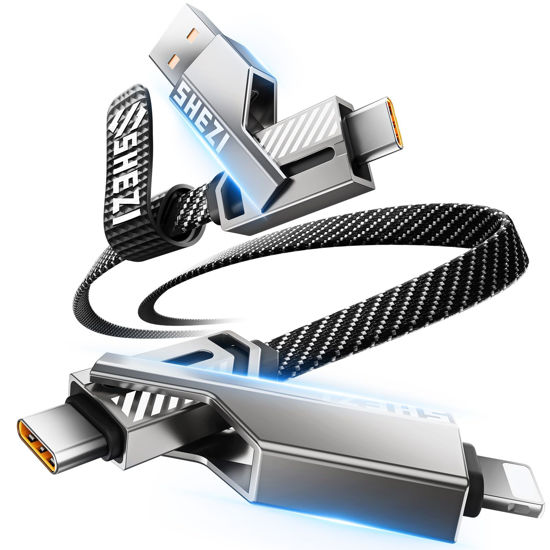 Picture of SHEZI [Upgraded 2.0] 4-in-1 USB C Cable 60W 3FT Lightning Cable Fast Charging [480Mbps Data Sync] Flat Nylon Braided Charger Cord Combo with Lightning/USB C/USB A Port for iPhone iPad & Most Devices