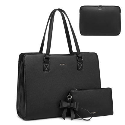 Picture of Keyli 4pc Sets Laptop Bag for Women Large Leather Laptop Briefcase with USB Charging Port Computer Shoulder tote Bags Purse, Black_2, L