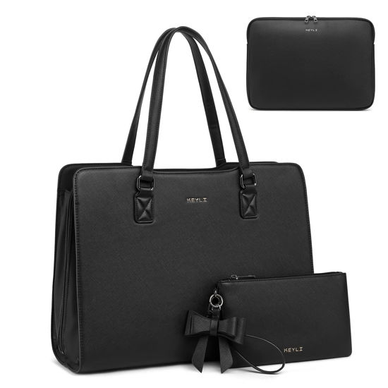 Picture of Keyli 4pc Sets Laptop Bag for Women Large Leather Laptop Briefcase with USB Charging Port Computer Shoulder tote Bags Purse, Black_2, L