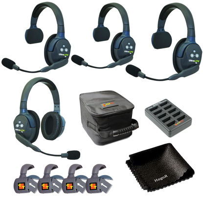 Picture of Eartec UL431 Ultralite Wireless Microphone System with 1 Master and 3 Remote Headsets (3 Singles & 1 Double) Bunled with Cleaning Cloth