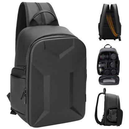 Picture of Cwatcun 2 in1 Camera Sling Bag, Camera Backpack Waterproof Leather Coating Shockproof Hardshell Camera Bag with Tripod Strap, Camera Case for Canon Nikon Sony Fuji DSLR SLR Mirrorless Camera & Lenses