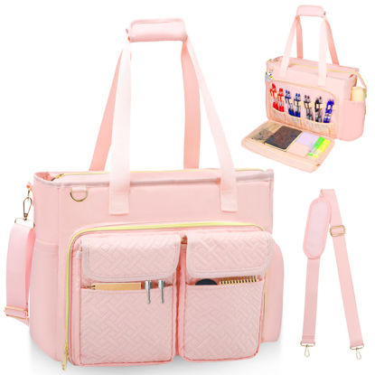 Picture of Covkev Teacher Tote Bag with 15.6 Inch Laptop Compartment, Soft Nylon Teacher Utility Bag with Multiple Pocket& Shoulder Strap, Large Work Tote Bag for Office& Teacher Supplies Organizer Women (Pink)