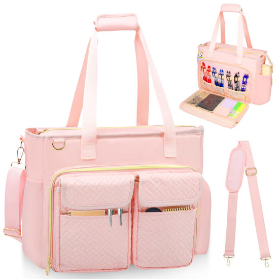 Picture of Covkev Teacher Tote Bag with 15.6 Inch Laptop Compartment, Soft Nylon Teacher Utility Bag with Multiple Pocket& Shoulder Strap, Large Work Tote Bag for Office& Teacher Supplies Organizer Women (Pink)