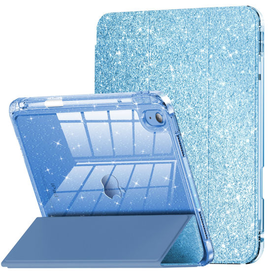 Picture of INFILAND Compatible with iPad 10th Generation Case, iPad Case 10th Generation 10.9 Inch, Glitter Leather Cover with Sparkly Crystal Clear Back, Pencil Holder, Anti-Yellowing, Blue