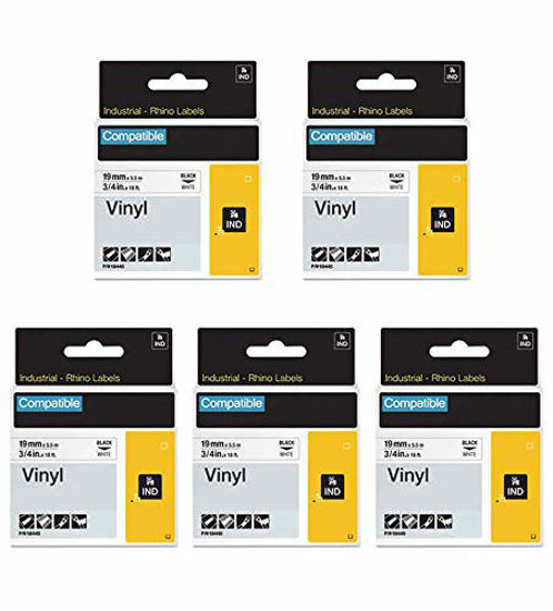 Picture of FlyLong Rhino 5200 4200 Label Tape Replacement for DYMO Rhino 18445 Vinyl 3/4" Industrial Permanent Label Tapes for DYMO Rhino 5200 5000 6000 Industrial Label Maker, Black on White, 19mm x 5.5m, 5pack