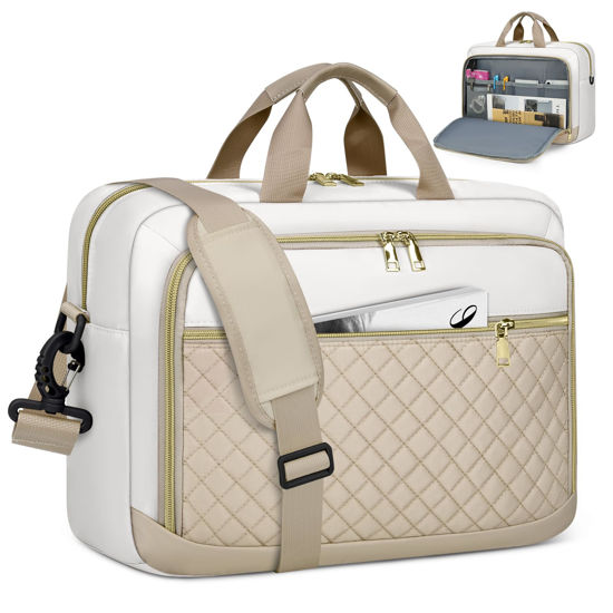 Picture of NEWHEY Laptop Bag 17.3 Inch Laptop Briefcase for Women Men Waterproof Shoulder Messenger Bag Large Computer Bag for Business Office Work College, Khaki&Beige