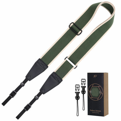 Picture of Padwa Lifestyle Adjustable Camera Strap - 2" Wide Top Layer Cowhide Head Camera Straps for Photographers, Vintage Adjustable Neck Shoulder & Crossbody Strap Quick Release fits All Cameras-Green Stripe