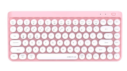 Picture of UBOTIE Wireless Bluetooth Keyboard, Portable 84-Key with Cute Retro Round Keycaps, Ergonomic Typewriter Keyboards Compatible with Windows, Android, MAC (Pink-White)
