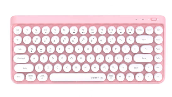 Picture of UBOTIE Wireless Bluetooth Keyboard, Portable 84-Key with Cute Retro Round Keycaps, Ergonomic Typewriter Keyboards Compatible with Windows, Android, MAC (Pink-White)