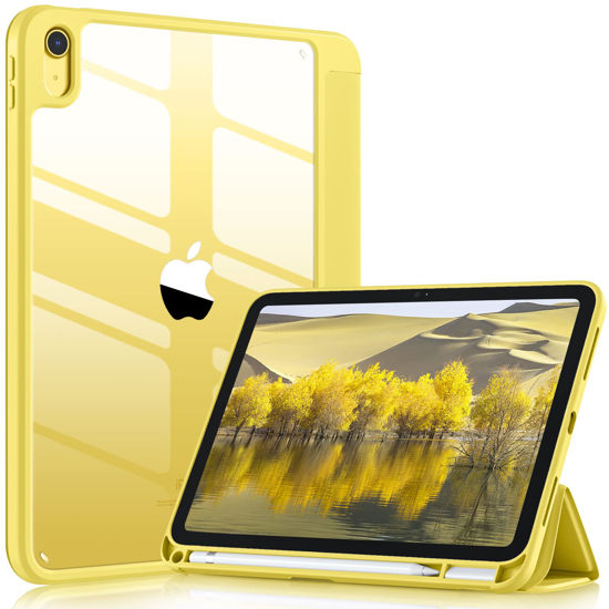 Picture of Wenlaty Case Compatible with iPad 10th Generation 2022 10.9 Inch with Pencil Holder, Slim Protective Cover with Clear Back Shell for iPad 10th Gen A2696 A2757 A2777, Auto Wake/Sleep, Yellow