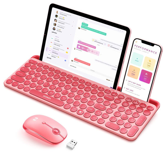 Picture of seenda Bluetooth Keyboard and Mouse for iPad, Multi-Device Bluetooth + 2.4G Wireless Round Key Cute Keyboard Mouse with Tablet Holder for MacBook/Windows Computer, iOS/Andriod Tablet Phone Coral Pink
