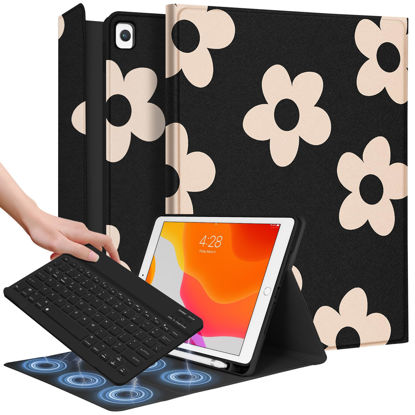 Picture of Wazzasoft for iPad 9th/8th/7th/Air 3rd Generation/Pro 10.5 Inch Case Keyboard Pencil Holder Folio Tablet Cover Women Girl Cute Girly Teen Kawaii Black Flower Unique Design for Apple 10.2 & 10.5 Inch