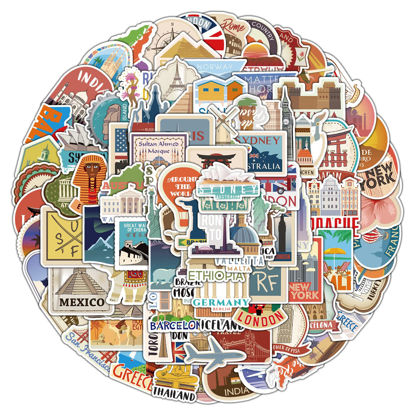 Picture of 100Pcs World Travel Stickers Pack, Waterproof Vinyl Travel Map Stickers for Suitcase, Bicycle, Laptop, Water Bottle, Notebooks, Diary, Journaling, Scrapbooking, Aesthetic Vintage Tourism Decals