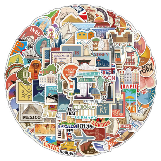 Picture of 100Pcs World Travel Stickers Pack, Waterproof Vinyl Travel Map Stickers for Suitcase, Bicycle, Laptop, Water Bottle, Notebooks, Diary, Journaling, Scrapbooking, Aesthetic Vintage Tourism Decals