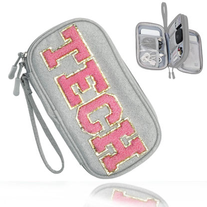 Picture of COSHAYSOO Electronics Accessories Organizer Bag with Chenille Letter Patch TECH for Women Travel Gifts, Traveling Essentials Compact Case Waterproof Must Have Pouch for Cord Charger Adapter (Gray)
