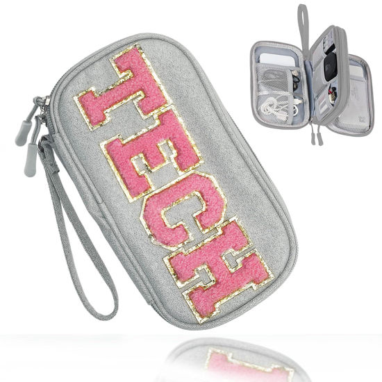 Picture of COSHAYSOO Electronics Accessories Organizer Bag with Chenille Letter Patch TECH for Women Travel Gifts, Traveling Essentials Compact Case Waterproof Must Have Pouch for Cord Charger Adapter (Gray)