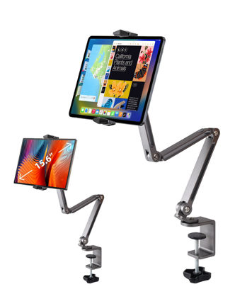 Picture of Aluminum Alloy Tablet Stand for Desk, 360° Adjustable iPad Arm Mount Foldable Phone Holder Compatible with iPad Pro Air 13/12.9/11 Mini, iPad 10/9th, Portable Monitor 15.6, Samsung Galaxy Tab, Kindle