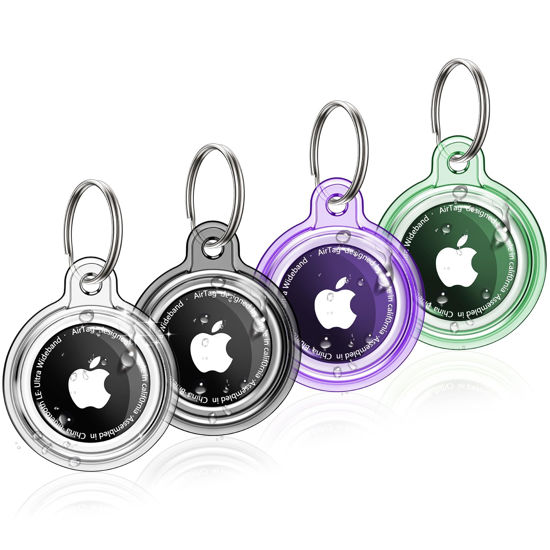 Picture of 4 Pack IPX8 Waterproof AirTag Keychain Holder Case, Lightweight, Anti-Scratch, Easy Installation,Soft Full-Body Shockproof Air Tag Holder for Luggage,Keys, Dog Collar(Black+Green+Clear+Purple)