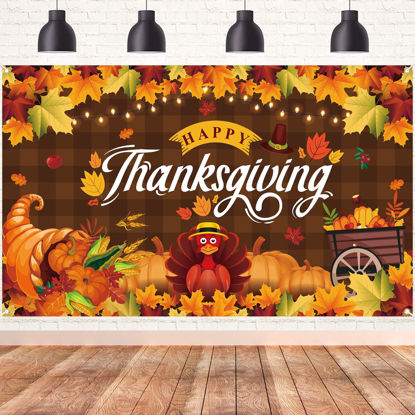 Picture of XtraLarge Happy Thanksgiving Banner 72x44 Inch, Happy Thanksgiving Backdrop, Thanksgiving Decorations Banner, Thanksgiving Pumpkin Maple Turkey Wall Banner