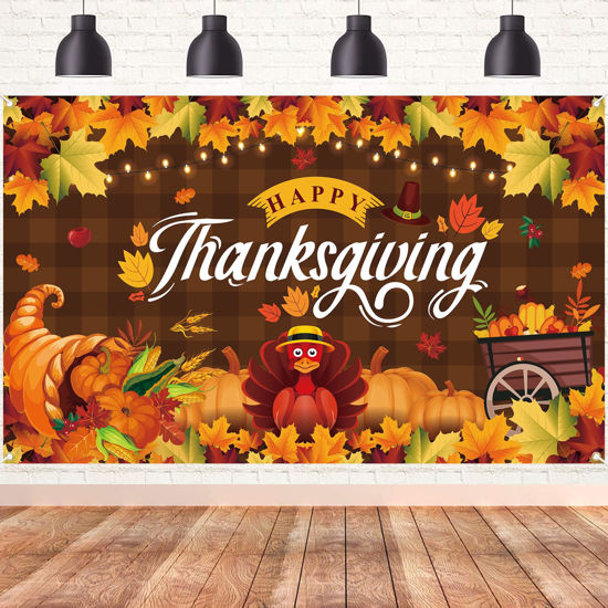 Picture of XtraLarge Happy Thanksgiving Banner 72x44 Inch, Happy Thanksgiving Backdrop, Thanksgiving Decorations Banner, Thanksgiving Pumpkin Maple Turkey Wall Banner