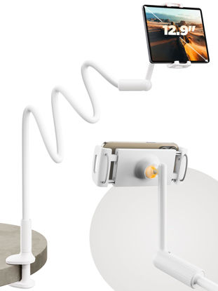 Picture of SAIJI Gooseneck Tablet Holder for Bed, One-Hand Adjustable, 47" Length, Upgraded Base, iPad Holder Stand Flexible Lazy Arm, Compatible with iPad/iPhone/Kindle/Switch or Other 4.7-13" Device (White)
