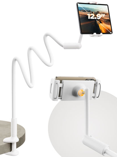 Picture of SAIJI Gooseneck Tablet Holder for Bed, One-Hand Adjustable, 47" Length, Upgraded Base, iPad Holder Stand Flexible Lazy Arm, Compatible with iPad/iPhone/Kindle/Switch or Other 4.7-13" Device (White)
