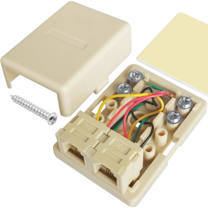 Picture of NECABLES Phone Jack Surface Mount Dual Port Telephone Jack Box 4 Screw Terminals to 2 RJ11 6P4C Female Ivory