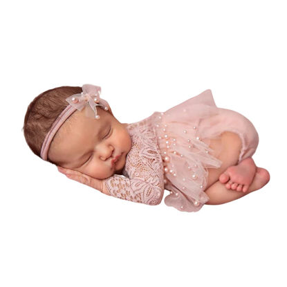 Picture of Newborn Photography Outfits Girl, 2 PCs Baby Girl Photoshoot Props, Newborn Lace Romper with Headband Set for Photo Shoot (Pink Long Sleeve)