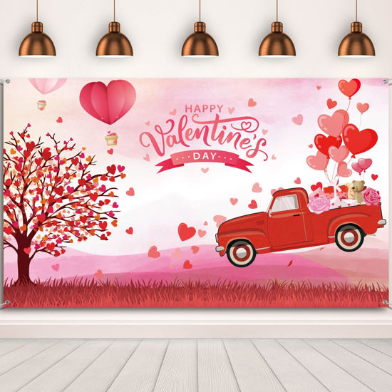 Picture of Valentine's Day Backdrop Valentine Backdrop Background for Photography Happy Valentine's Day Backdrop Banner Photo Booth Props Red Heart Backdrop for Mother's Valentine's Day Decoration (Truck)