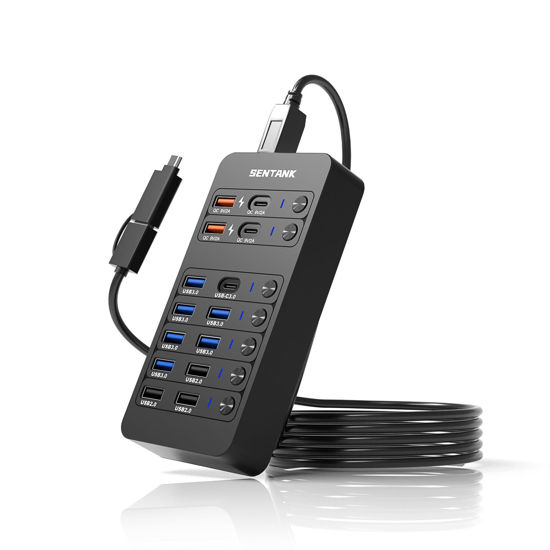 Picture of SENTANK Powered USB Hub,14 Ports USB Data Hub Splitter with 6 USB 3.0 Port,4 Charging Port,1 USB-C 3.0 Data Port,1 PD 60W Charging Port w LED Individual On/Off Switches for MacBook,Mac Pro,Laptop/PC
