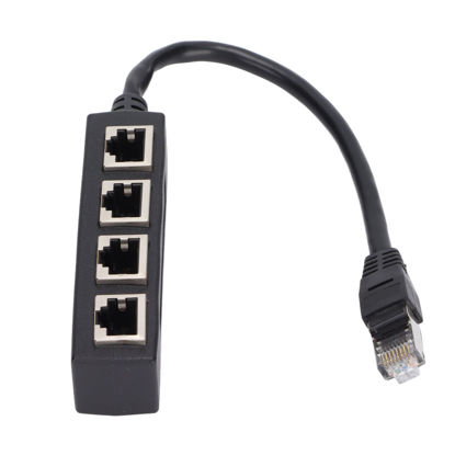 Picture of RJ45 Splitter Adapter, Black ABS 1 to 4 Port Smooth Excellent Connection Network Cable Adapter for All Networks Homes Offices and All Broadband Connections