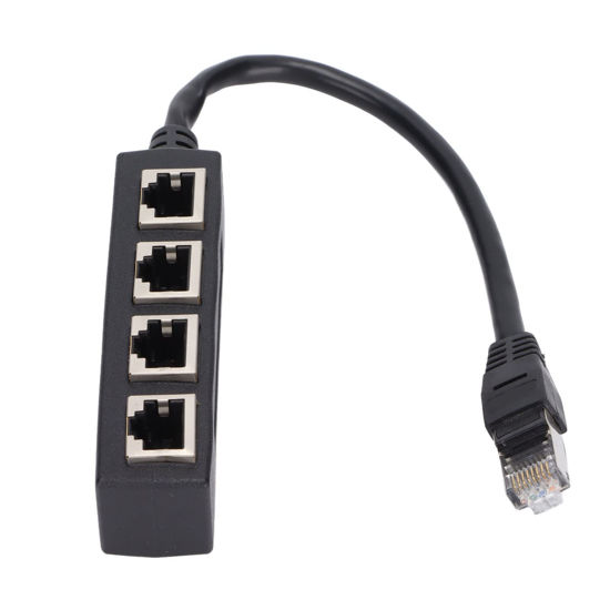Picture of RJ45 Splitter Adapter, Black ABS 1 to 4 Port Smooth Excellent Connection Network Cable Adapter for All Networks Homes Offices and All Broadband Connections