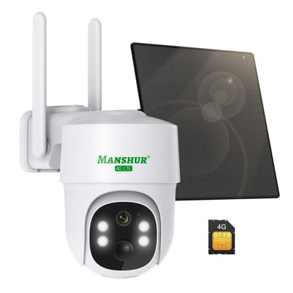 Picture of Manshur® 4G LTE Cellular Security Camera Outdoor Wireless, Cameras Without WiFi Needed 360°PTZ 2K/3MP Color Night Vision, 2 Way Talk, PIR Motion Detection, Spotlight, No WiFi Supported, IP66, Cloud