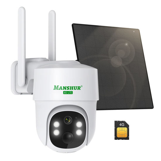 Picture of Manshur® 4G LTE Cellular Security Camera Outdoor Wireless, Cameras Without WiFi Needed 360°PTZ 2K/3MP Color Night Vision, 2 Way Talk, PIR Motion Detection, Spotlight, No WiFi Supported, IP66, Cloud