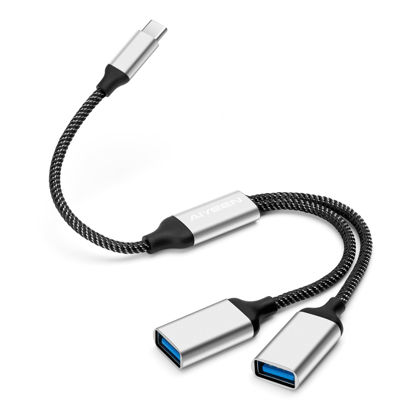 Picture of AIYEEN USB C Male to 2 USB Female Splitter Cable Adapter, Dual USB-A Port Hub for Data Transfer/Charging, Extra Extender Data Split Power Cord Extension for Car/Laptop/Mac/PC (Silver)