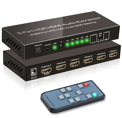 Picture of SkycropHD 4K@60Hz HDMI Switch Audio Extractor Converter, 5 in 1 Out HDMI Switcher with Optical & 3.5mm AUX Audio Output, Support HDCP 2.2, HDR10, 18Gbps, ARC