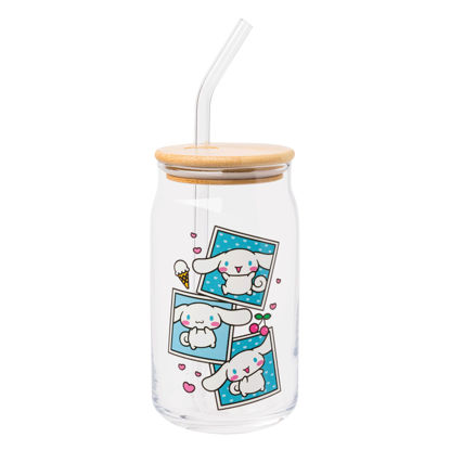Picture of Silver Buffalo Sanrio Hello Kitty and Friends Cinnamoroll Polaroids Glass Jar Tumbler with Bamboo Lid and Glass Straw, 16 Ounces