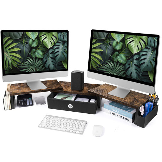 Picture of RUILALIFE Dual Monitor Stand Riser With Drawer, Office Desk Organizers And Accessories, Computer Monitor Riser For 2 Monitors For Desk, Monitor Shelf With Adjustable Length & Angle