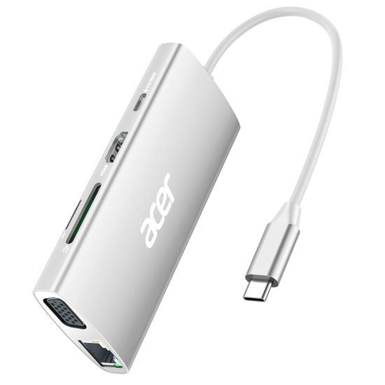 Picture of Acer USB C Hub with 4K HDMI, 9-in-1 USB C to Ethernet Adapter, 5Gbps USBA 3.0 Docking Station, VGA Splitter, SD Card Reader, PD 100W Charging for MacBook, Acer, Laptops, Surface and More (Silver)