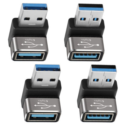 Picture of 90 Degree USB 3.0 Adapter 4 Pack, Up and Down Right Angle USB A Male to Female Connector Converter USB L Shape Extender, Support Charge & Data Sync for PC, Laptop, Mouse, Keyboard, USB A Charger