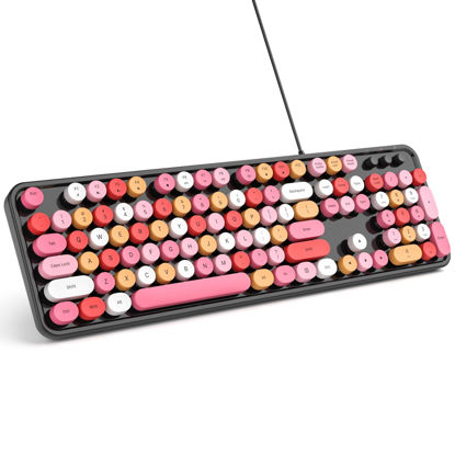 Picture of MOWUX Computer Keyboard Wired, Plug and Play USB Retro Round Typewriter Keyboard, Full Size Wired Keyboard with Foldable Stands for Laptop and Office PC- Black Colorful