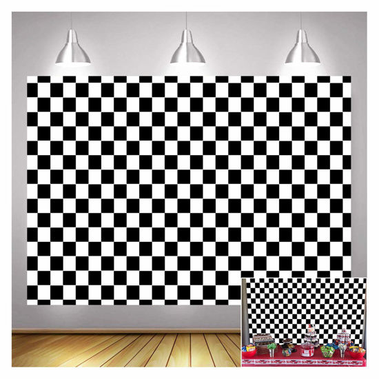 Picture of Black and WhiteRacing Checker Texture Grid Birthday Chess Board Theme Photography Backdrops 7X5ft Children Kids Birthday Party Supplies Newborn Baby Shower Banner Photo Background Booth Props Vinyl
