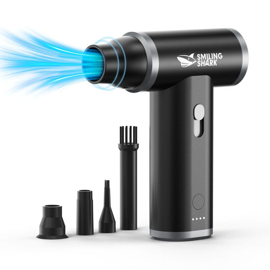 Picture of Smiling Shark Electric Air Duster, 130000 RPM Stepless Speed Cordless Compressed Air Duster Rechargeable Full Body Aluminum Alloy Tiny Air Blower for Keyborad/Computer/BBQ/Car/Camping (J01-BK)