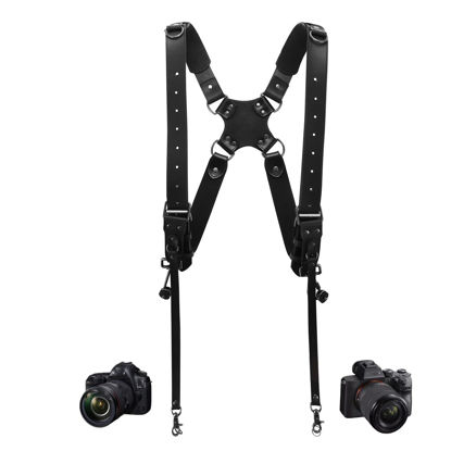 Picture of 4J LEDR Camera Harness,Leather Dual Shoulder Strap for Photographer,Dual Camera Harness for 2 Cameras Carrying for Men&Women,Multi Camera Gear for DSLR/SLR Strap,Quick Release,Small Size,Black