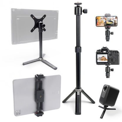 Picture of Kado Metal Portable Monitor Stand Tripod, 2-In-1 Phone/Tablet Clamp Portrait/Landscape, 100x100mm 75x75mm Wall/Arm Mount Adapater Bracket Plate, 360° Ball Head Compact for Projector, Camera and Webcam