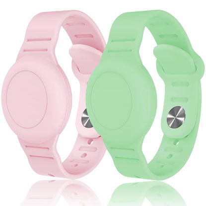 Picture of Kids Waterproof Airtag Bracelet Compatible with Apple AirTag, Hidden Silicon Protective Case for Air Tag GPS Tracker Holder, Adjustable Anti-Lost Watch Band for Toddler Child (Pink & Green)